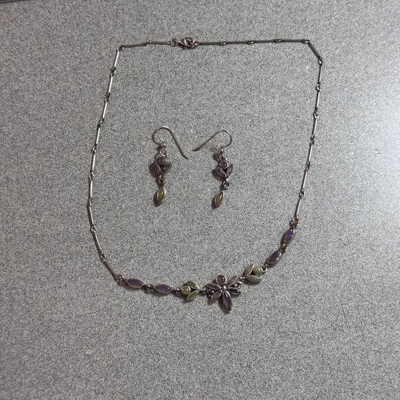 Fortunoff Sterling Silver Amethyst & Jade Floral Necklace & Earrings Jewelry Set - Picture 3 of 16